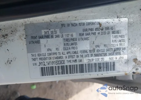 2021 Mazda Mazda6 Grand Touring Reserve z USA, uszkodzony, nr VIN JM1GL1WYXM1600808